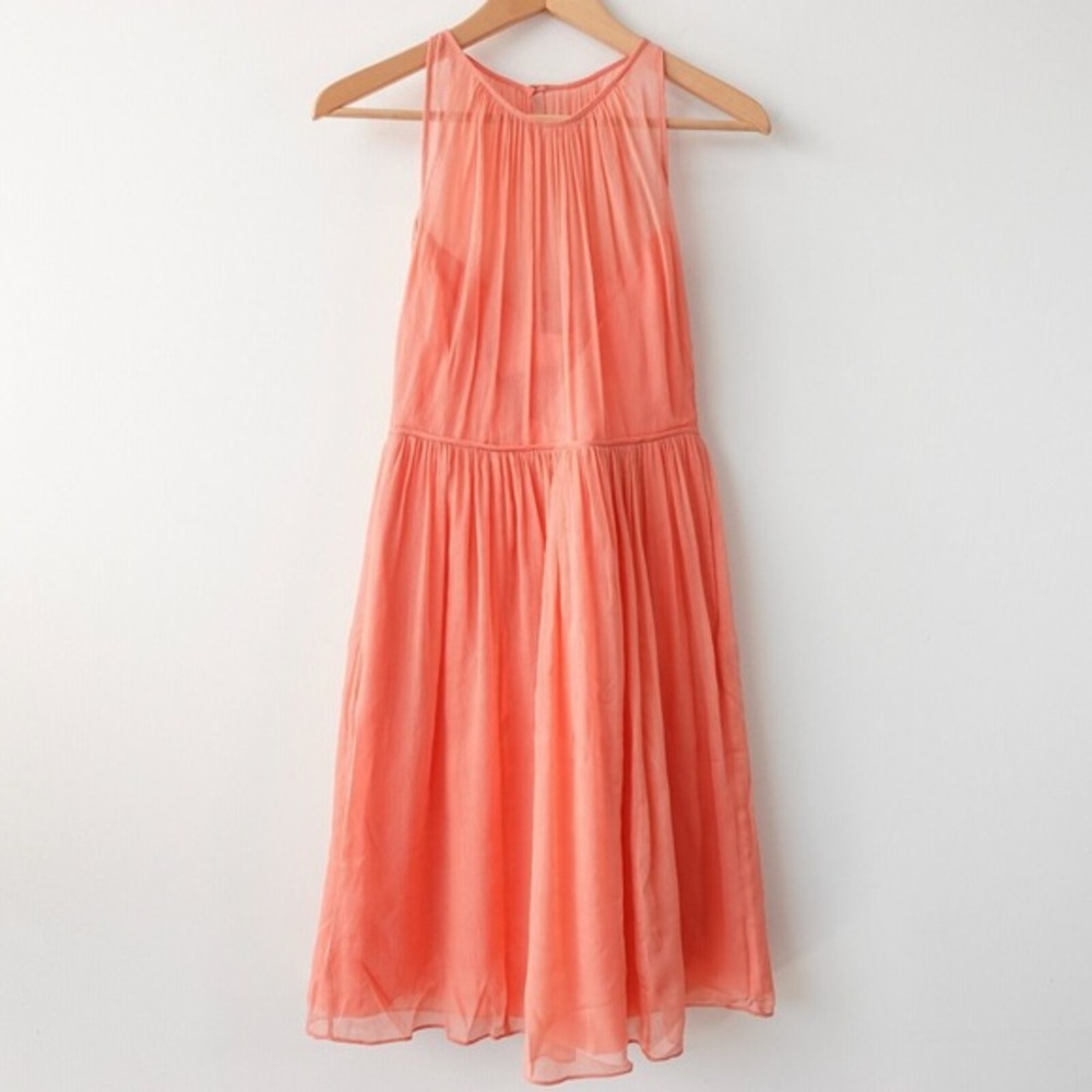J CREW Dress 4 S Soft Girl Peach Pink Flowy Sheer‎ Cocktail Bridesmaid Petite